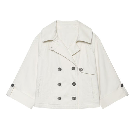 Damen Kurzes Doppelreihiges Trench‑Cape mit weitem Kragen und dreiviertel Ärmeln Nord Taschen