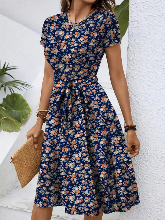 Damen Elegantes Midikleid mit floralem Design und Taillengürtel Nord Taschen
