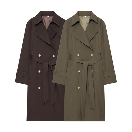 Damen Midilanger Doppelreihiger Trenchcoat mit breitem Revers und Taillenbindegürtel Nord Taschen