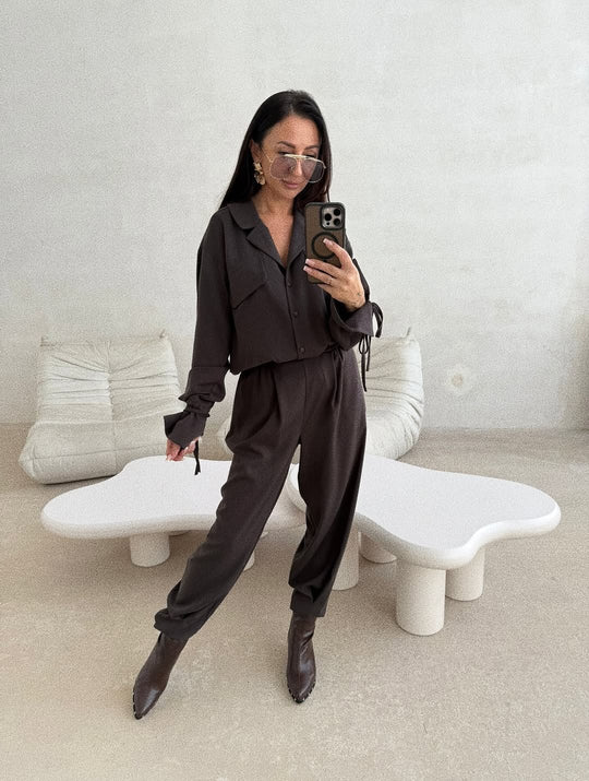 Damen Zweiteiliges Loungewear-Set mit Oversized-Bluse, Pattentaschen, Kordelmanschetten und hochtaillierter Jogpant Nord Taschen