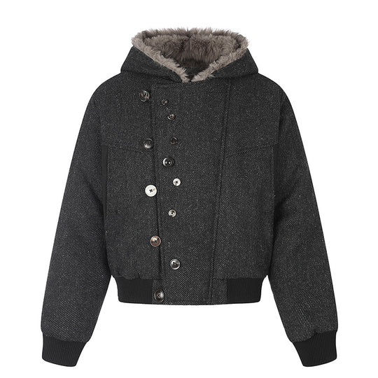 Damen Kapuzen-Bomberjacke mit Kunstfellfutter, asymmetrischer Mehrfachknopfleiste und geripptem Bund Nord Taschen