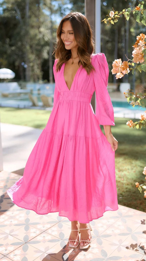 Damen Langarm Maxikleid mit tiefem V-Ausschnitt und weitem Rock