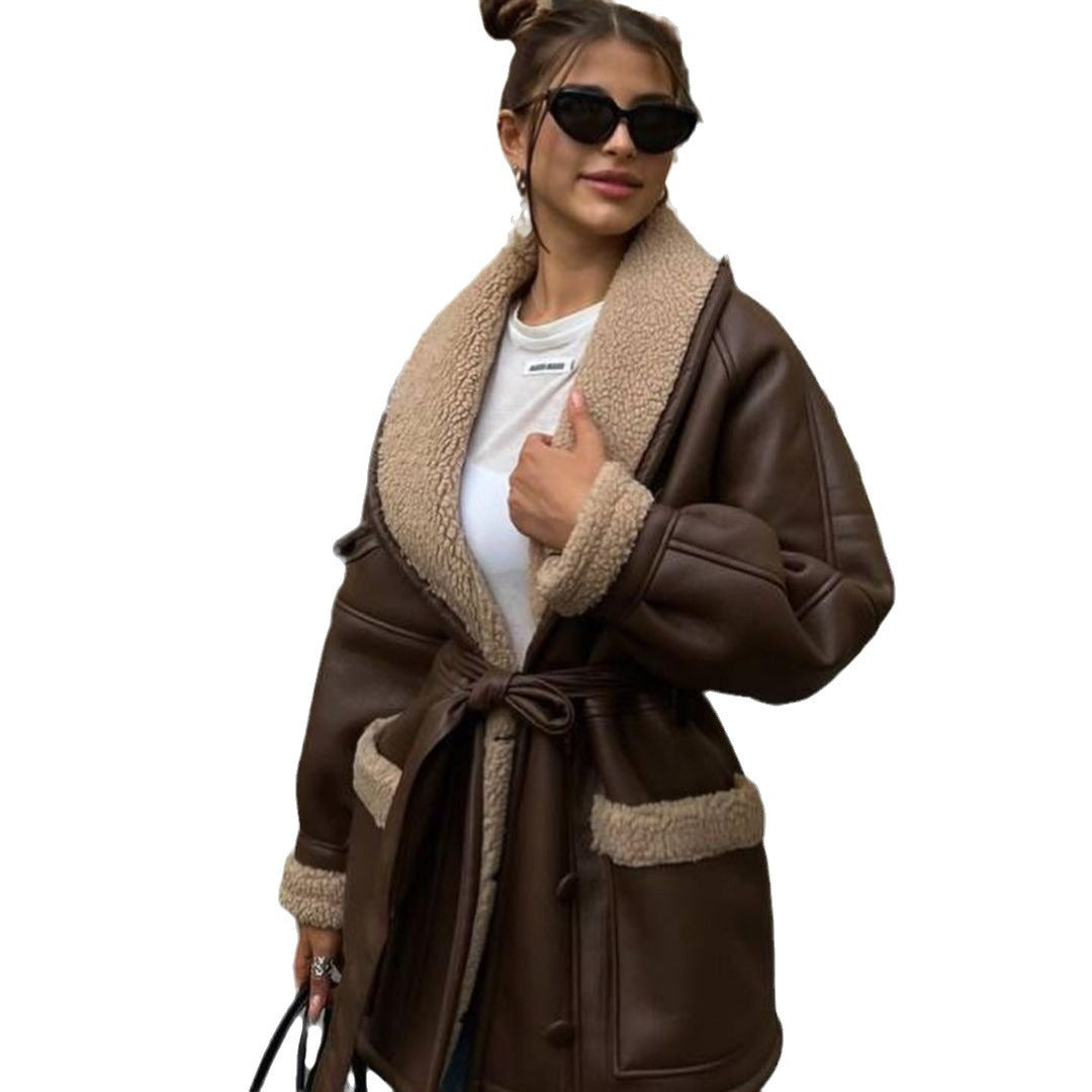 Damen Kurzer Teddy-Mantel mit Bindegürtel und Schalkragen Nord Taschen