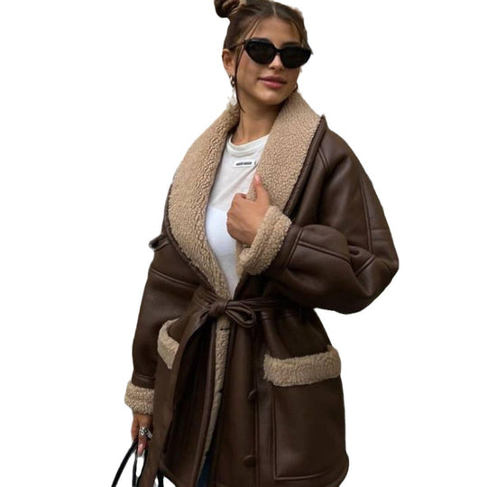 Damen Kurzer Teddy-Mantel mit Bindegürtel und Schalkragen Nord Taschen