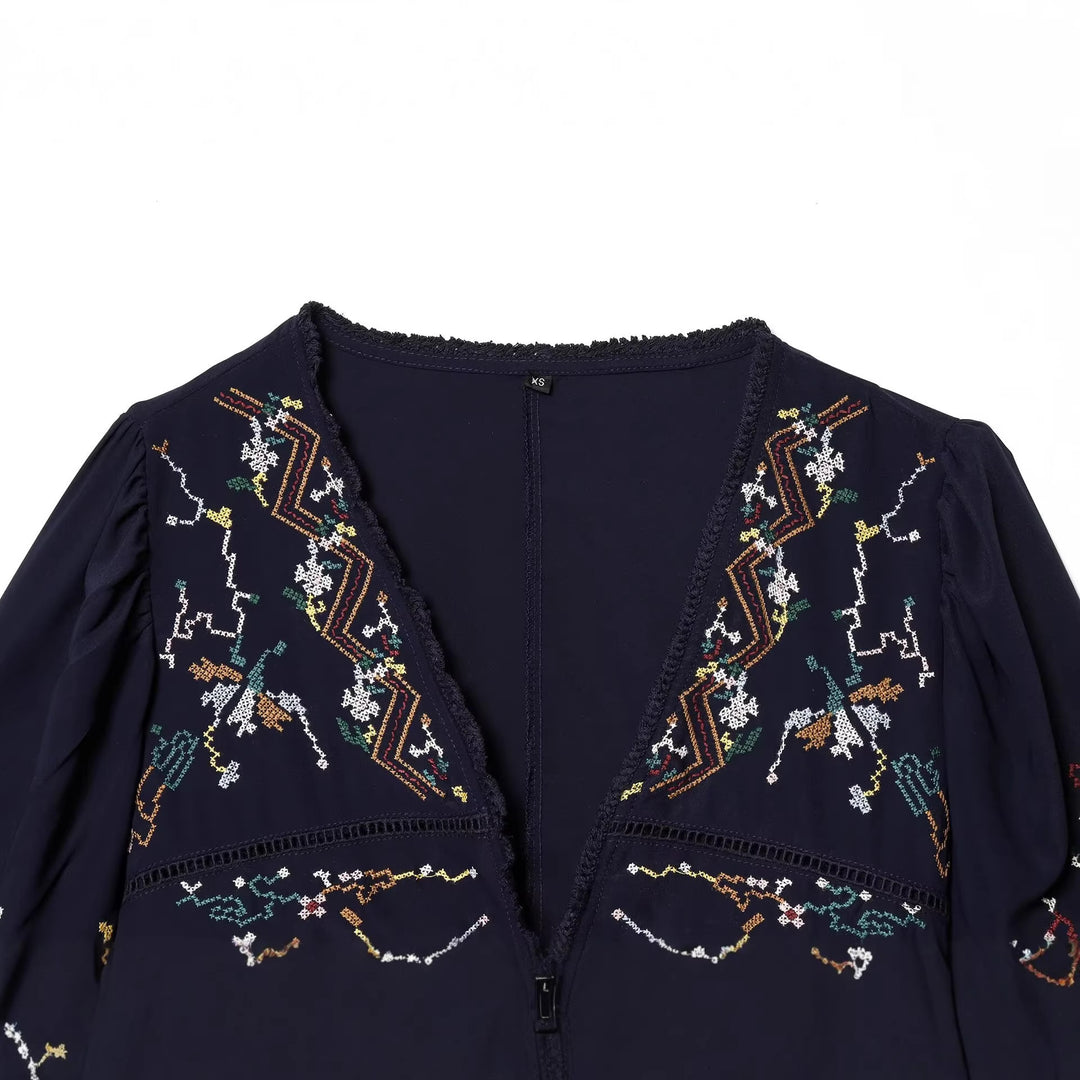 Damen Bestickte Kimono‑Bluse mit Bindebändern und Zierhäkelkante Nord Taschen