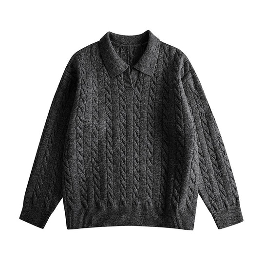 Damen Oversize Kabelstrick-Polo-Pullover mit V‑Ausschnitt und geripptem Saum Nord Taschen