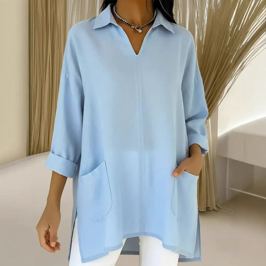 Damen Oversize-Tunika mit Hemdkragen, V-Ausschnitt und aufgesetzten Taschen Nord Taschen