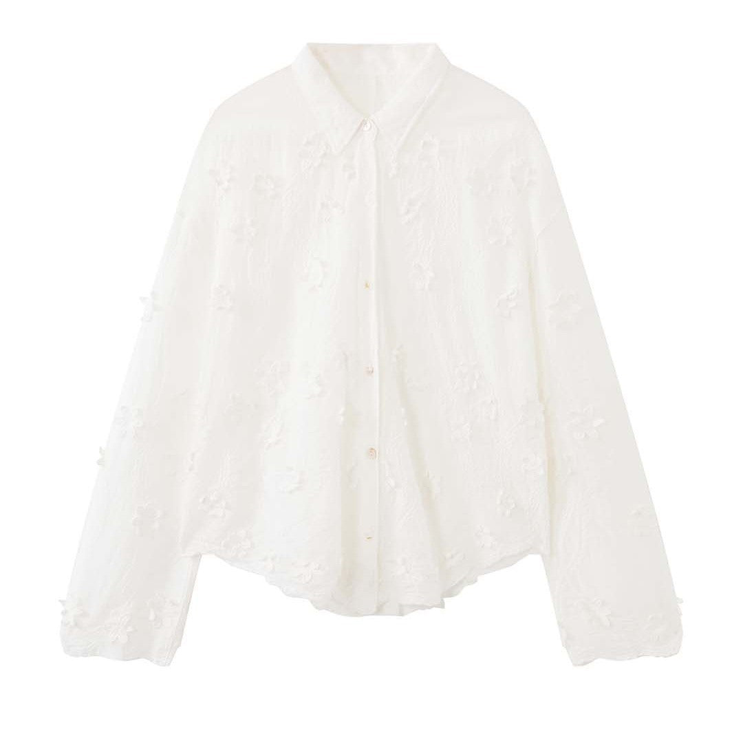 Damen Transparente Bluse mit 3D-Blütenstickerei, Hemdkragen und Knopfleiste Nord Taschen