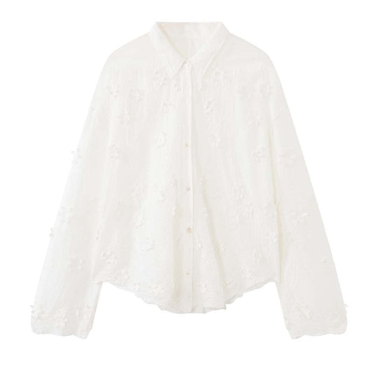 Damen Transparente Bluse mit 3D-Blütenstickerei, Hemdkragen und Knopfleiste Nord Taschen