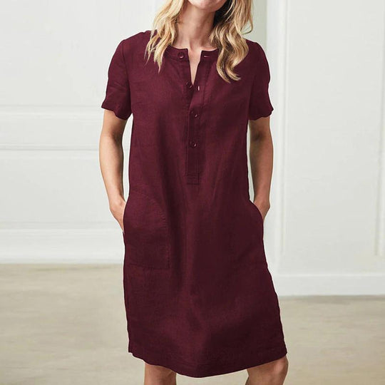 Damen lässiges Leinenkleid mit Knopfleiste und praktischen Taschen