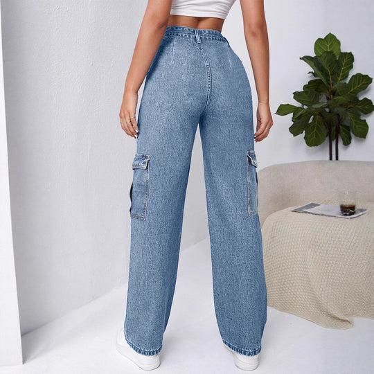 Damen Hochtaillierte Cargo-Weite-Jeans mit aufgesetzten Taschen und elastischem Saum Nord Taschen
