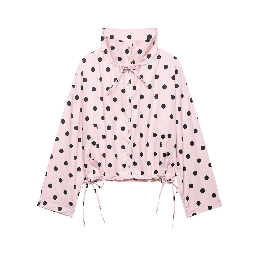 Damen Gepunktete Cropped-Übergangsjacke mit hohem Stehkragen, Tunnelzug und Oversize-Ärmeln Nord Taschen