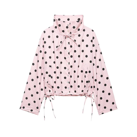 Damen Gepunktete Cropped-Übergangsjacke mit hohem Stehkragen, Tunnelzug und Oversize-Ärmeln Nord Taschen