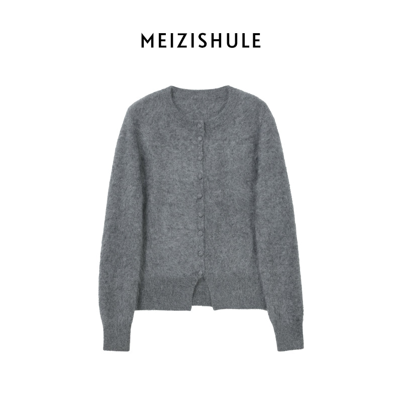 Damen Kuschelige Mohair-Strickjacke mit Rundhalsausschnitt und verdeckter Knopfleiste Nord Taschen