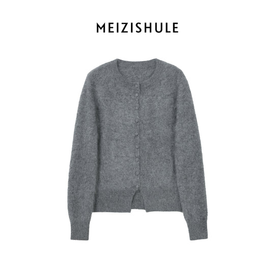 Damen Kuschelige Mohair-Strickjacke mit Rundhalsausschnitt und verdeckter Knopfleiste Nord Taschen