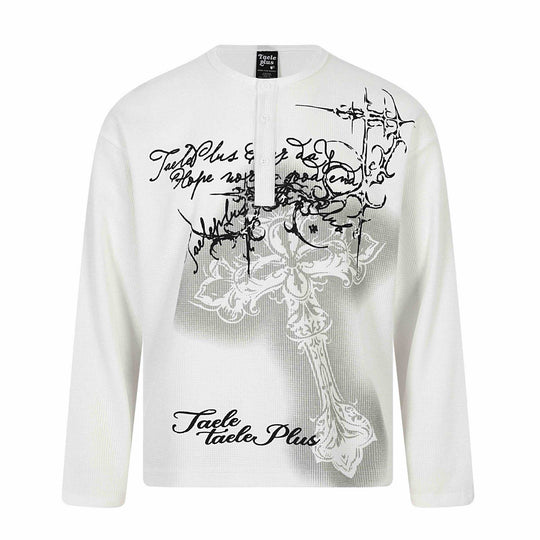 Herren Langarm-Henleyshirt mit Waffelstruktur, Knopfleiste und großflächigem Grafikprint Nord Taschen