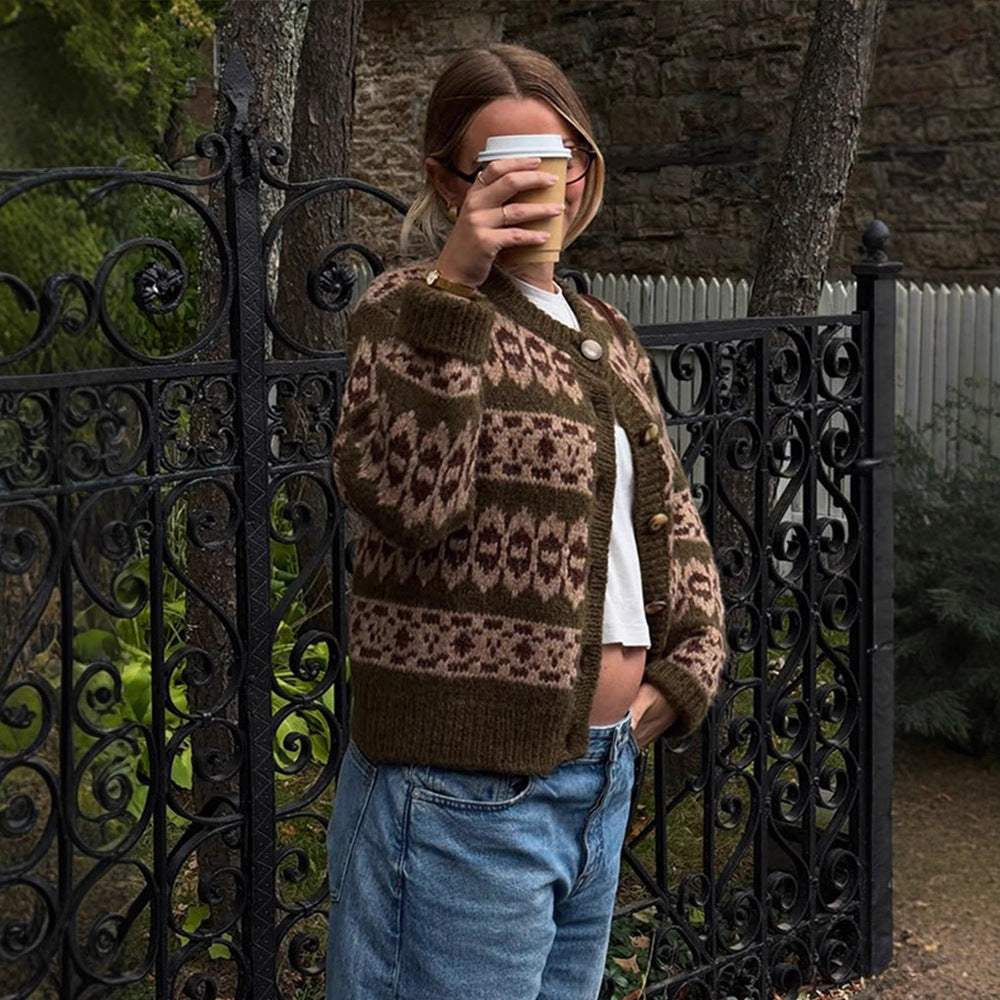 Damen Norwegermuster-Strickjacke mit Knopfleiste und geripptem Saum Nord Taschen