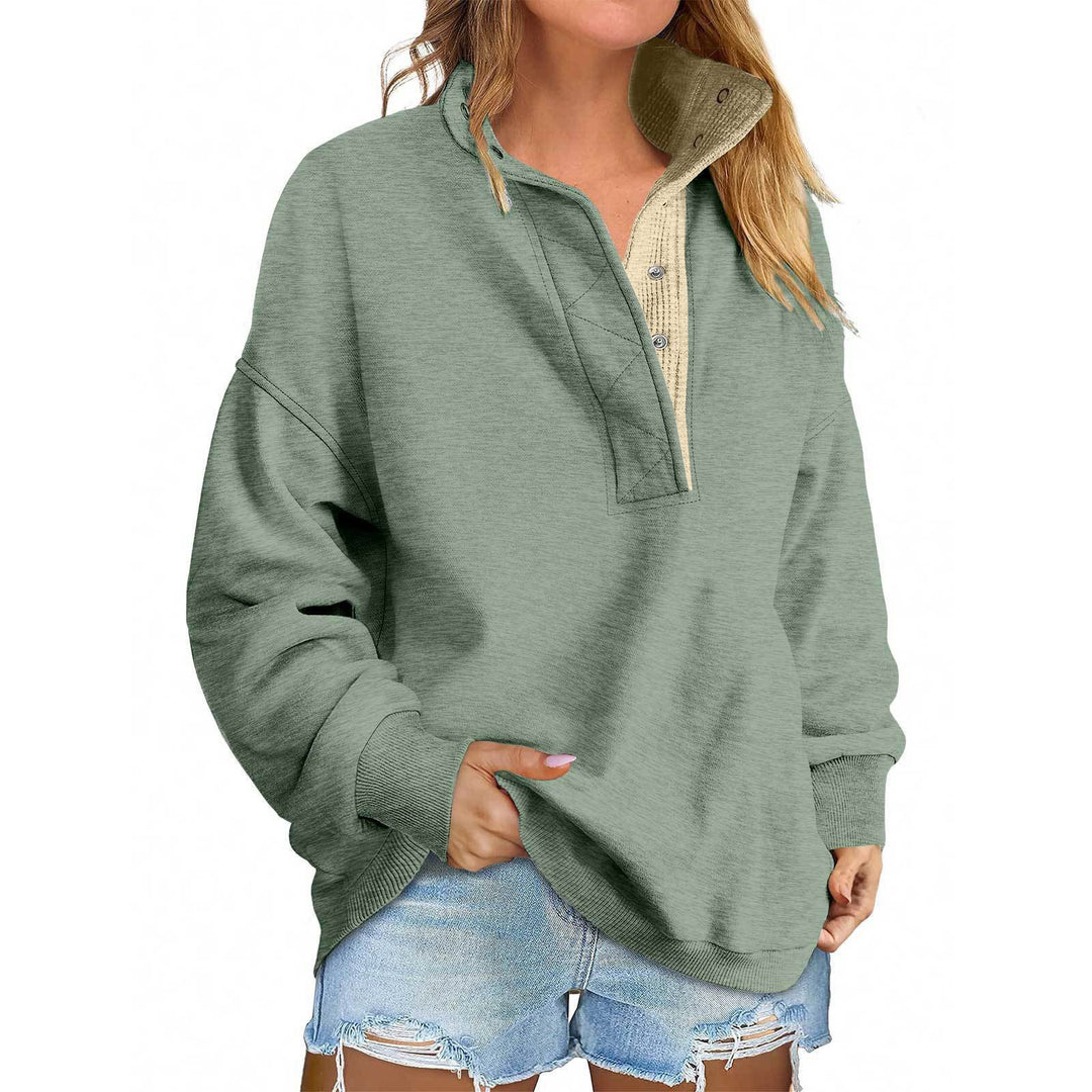 Damen Oversize-Henley-Sweatshirt mit Stehkragen und Druckknopfleiste Nord Taschen