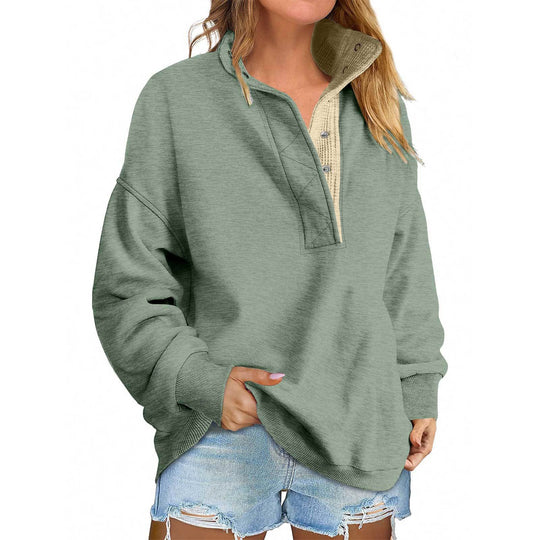 Damen Oversize-Henley-Sweatshirt mit Stehkragen und Druckknopfleiste Nord Taschen