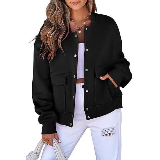 Damen lässige Oversize-Bomberjacke aus Sweatstoff mit Druckknopfleiste und aufgesetzten Taschen Nord Taschen