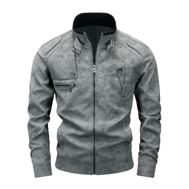 Herren Vintage-Utility Lederimitatjacke mit Stehkragen und mehreren Taschen Nord Taschen