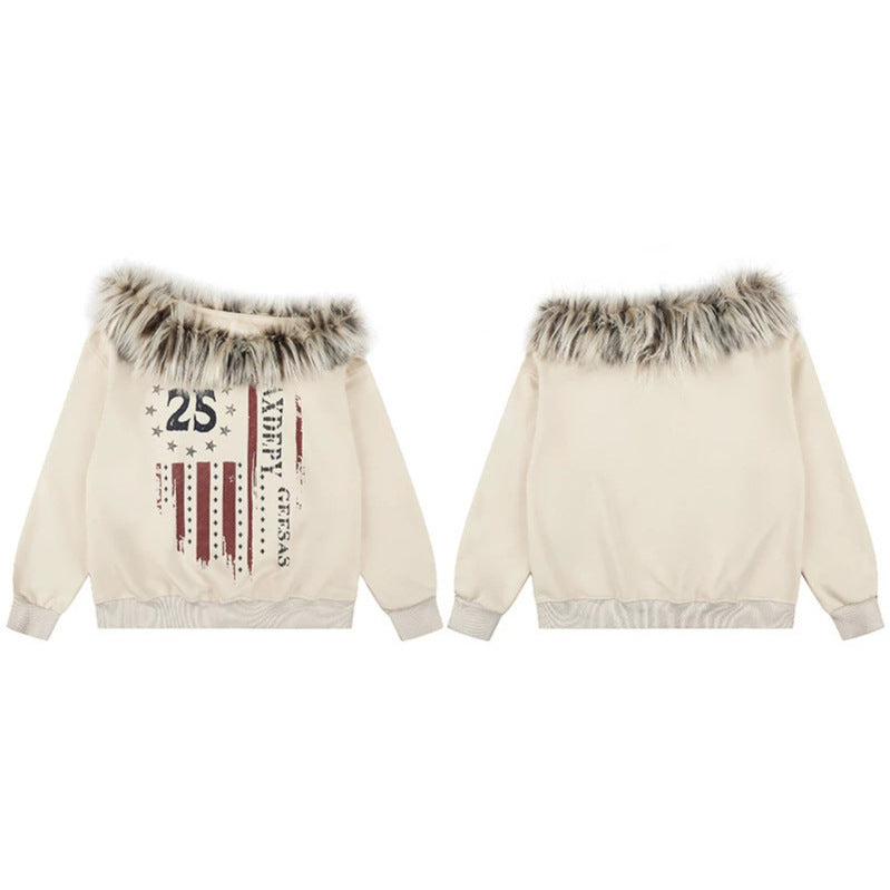 Damen Kapuzen-Sweatshirt mit abnehmbarem Kunstfellkragen und Vintage-Print Nord Taschen
