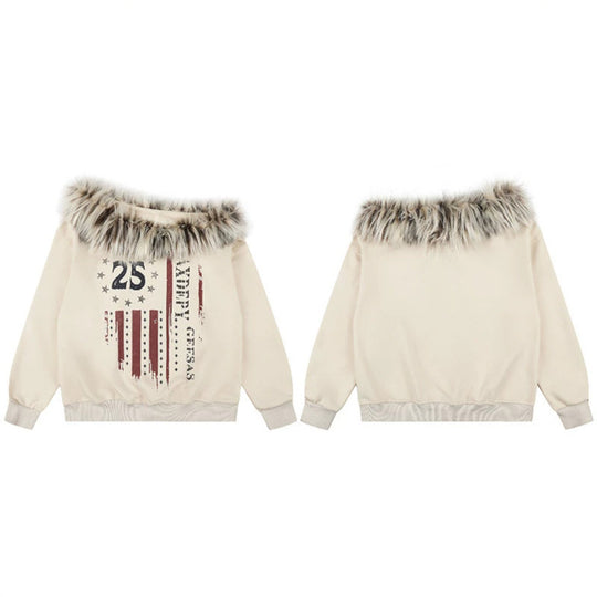 Damen Kapuzen-Sweatshirt mit abnehmbarem Kunstfellkragen und Vintage-Print Nord Taschen
