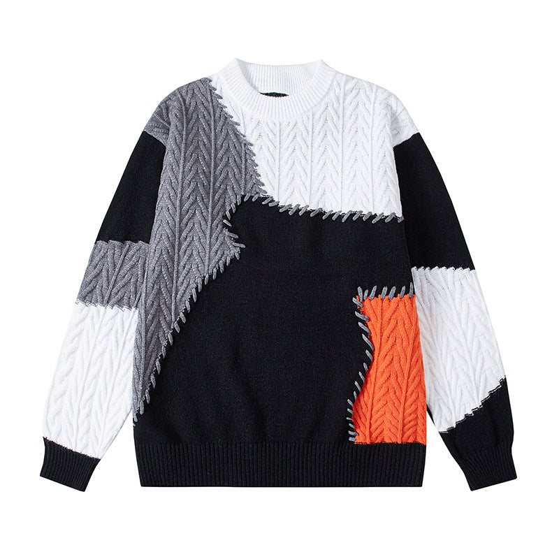 Herren strukturierter Patchwork-Strickpullover mit Zopfmuster und Rundhals Nord Taschen