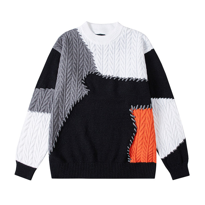 Herren strukturierter Patchwork-Strickpullover mit Zopfmuster und Rundhals Nord Taschen