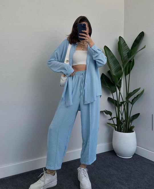 Damen Lässiges zweiteiliges Lounge-Set aus Crêpe mit Oversize-Hemd und hohem Elastikbund Nord Taschen