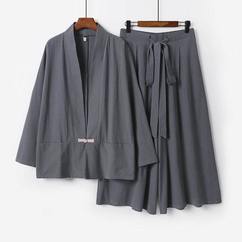 Damen Zen-inspiriertes Kimono-Set aus fließender Viskose mit kurzer Jacke und weiter Culotte-Hose Nord Taschen