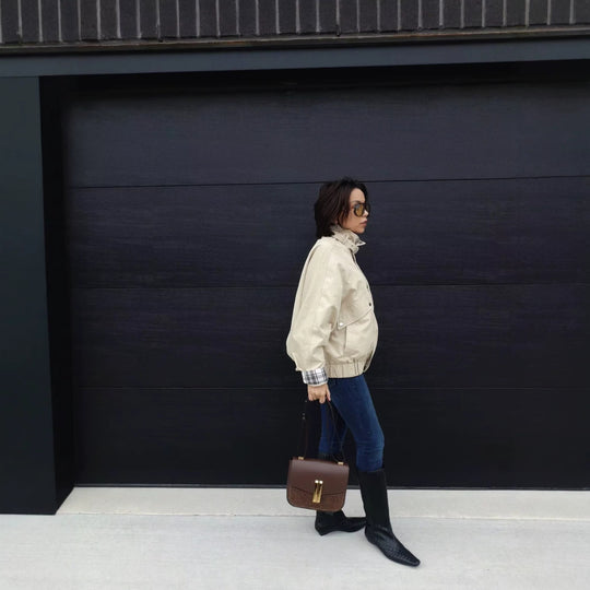 Damen Kurze Boxy-Fieldjacke mit hohem Funnelkragen und karierten Ärmelumschlägen Nord Taschen