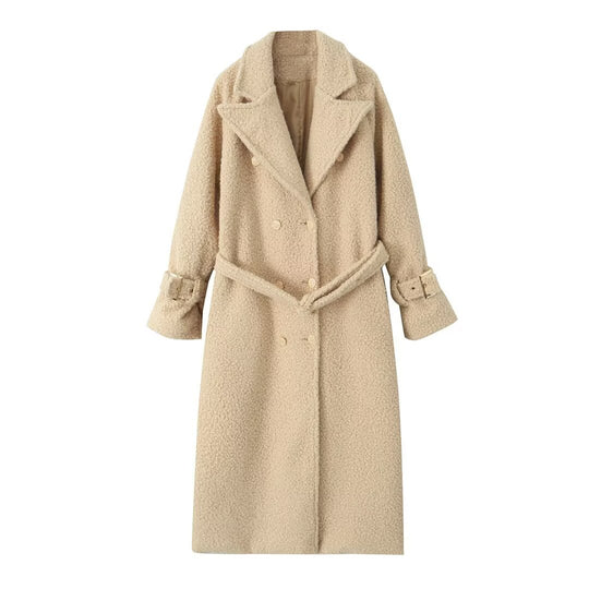 Damen Zweireihiger Teddy‑Mantel mit Bindegürtel und Schnallenärmeln Nord Taschen