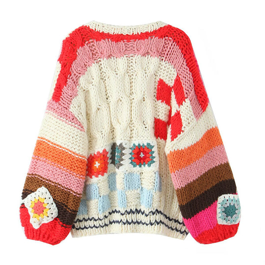Damen Grobgestrickte Boho-Cardigan mit Häkelpatchwork Nord Taschen