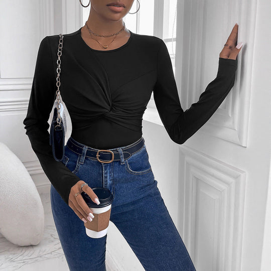 Damen Figurbetontes Langarmshirt mit Twist-Detail und Rundhalsausschnitt Nord Taschen