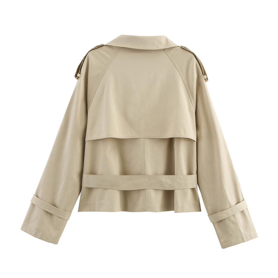 Damen Kurz-Trenchjacke mit Doppelreihe, Stehkragen, Schulterklappen und Taillengürtel Nord Taschen