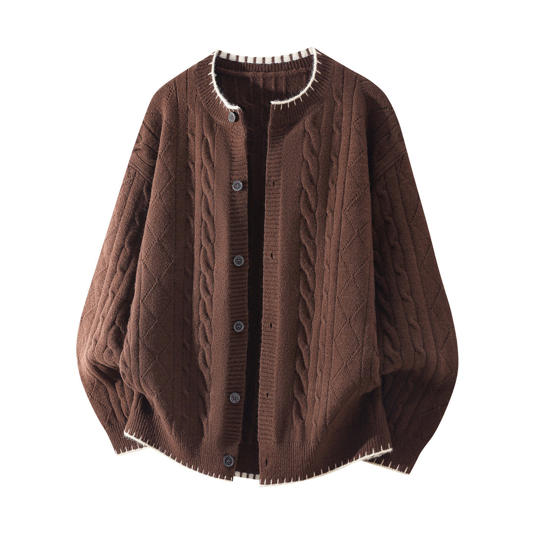 Damen Oversize Zopfmuster-Cardigan mit Rundhalsausschnitt, Ballonärmeln & Kontrastnaht Nord Taschen