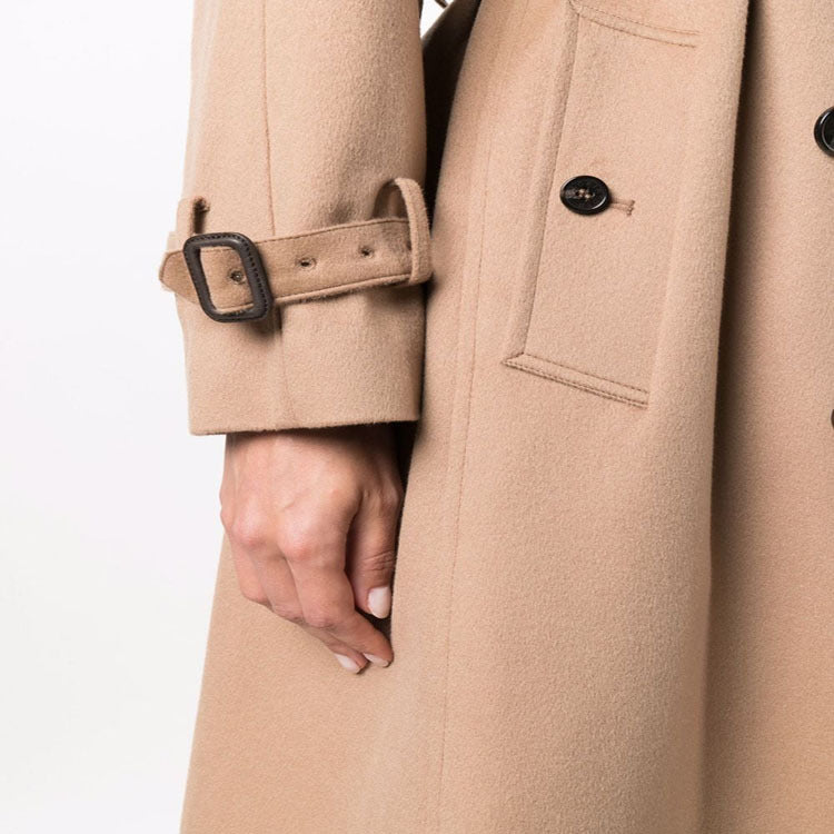 Damen Midilanger Wollmix-Trenchcoat im Tailoring mit Doppelreihe, Taillengürtel und Epauletten Nord Taschen
