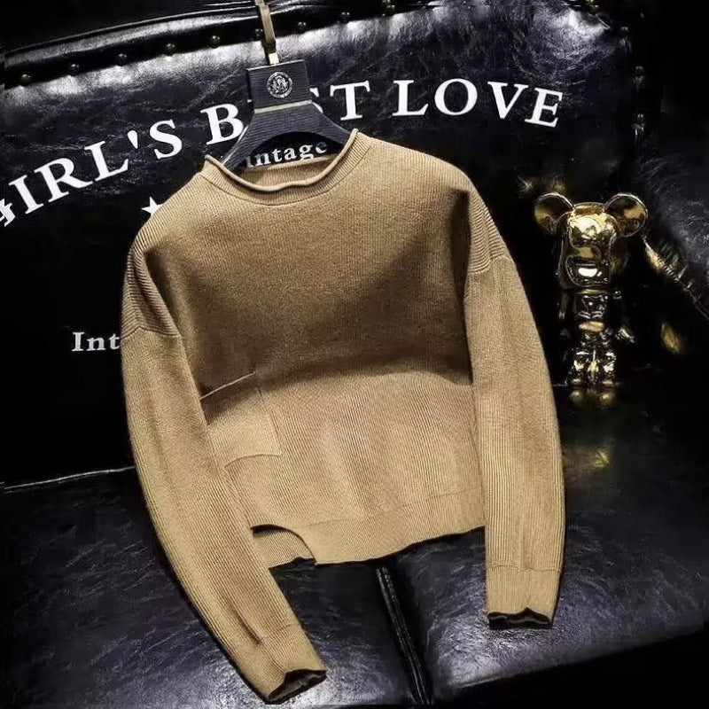 Damen Kurz geschnittener Strickpullover mit unregelmäßigem Saum und Rundhalsausschnitt Nord Taschen