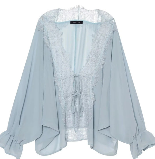 Damen Transparenter Chiffonkimono mit Spitzenbesatz und Volumenärmeln Nord Taschen