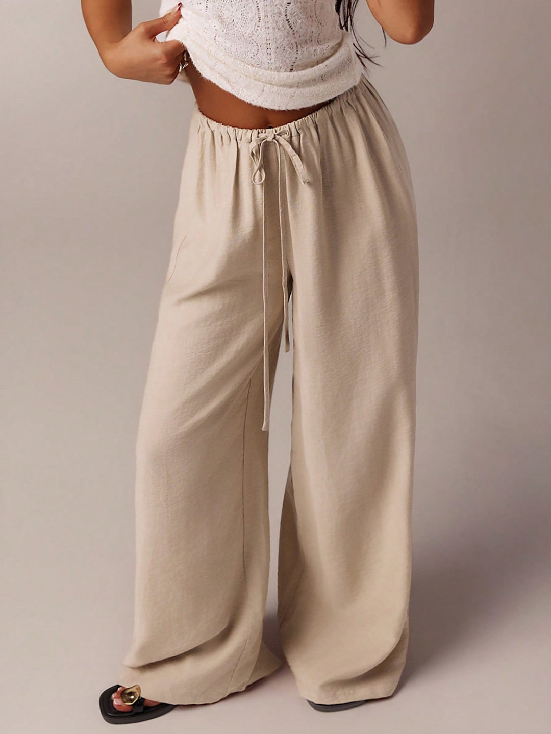 Damen Weite Relax-Hose aus Viskose-Leinen-Mix mit Elastikbund und Kordel Nord Taschen