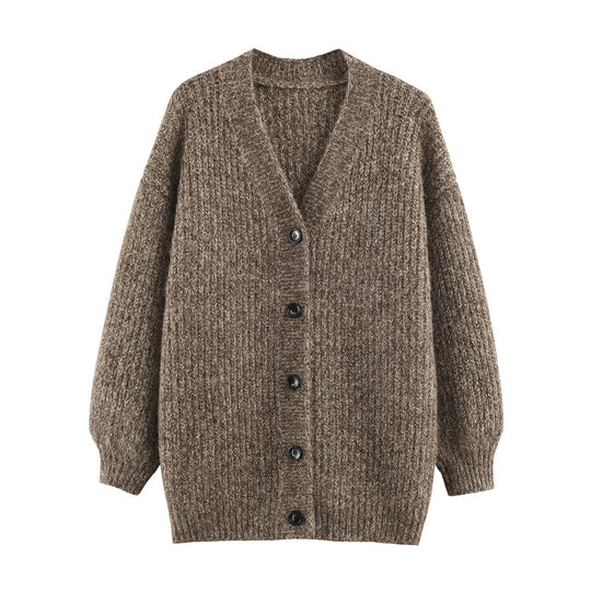 Damen Oversized Grobstrick-Cardigan mit tiefem V-Ausschnitt, Rippenstruktur und Ballonärmeln Nord Taschen