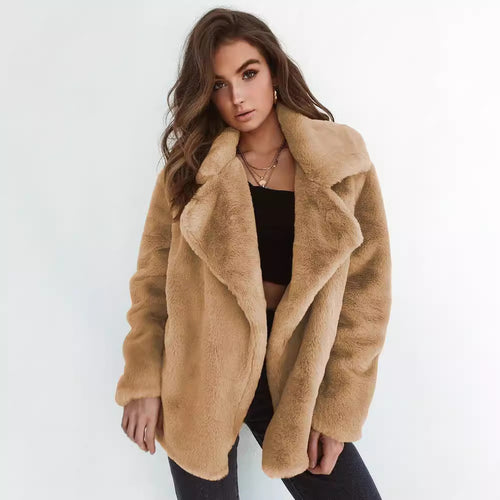 Damen Kuscheliger Oversized Kunstpelz-Mantel mit großem Reverskragen Nord Taschen