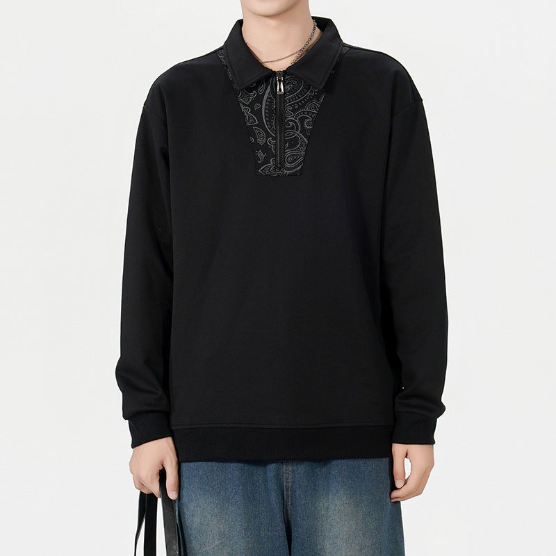 Herren Lockeres Sweatshirt mit Polokragen, halbem Reißverschluss und Paisley-Besatz Nord Taschen