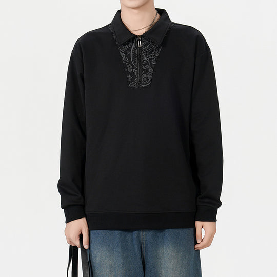 Herren Lockeres Sweatshirt mit Polokragen, halbem Reißverschluss und Paisley-Besatz Nord Taschen