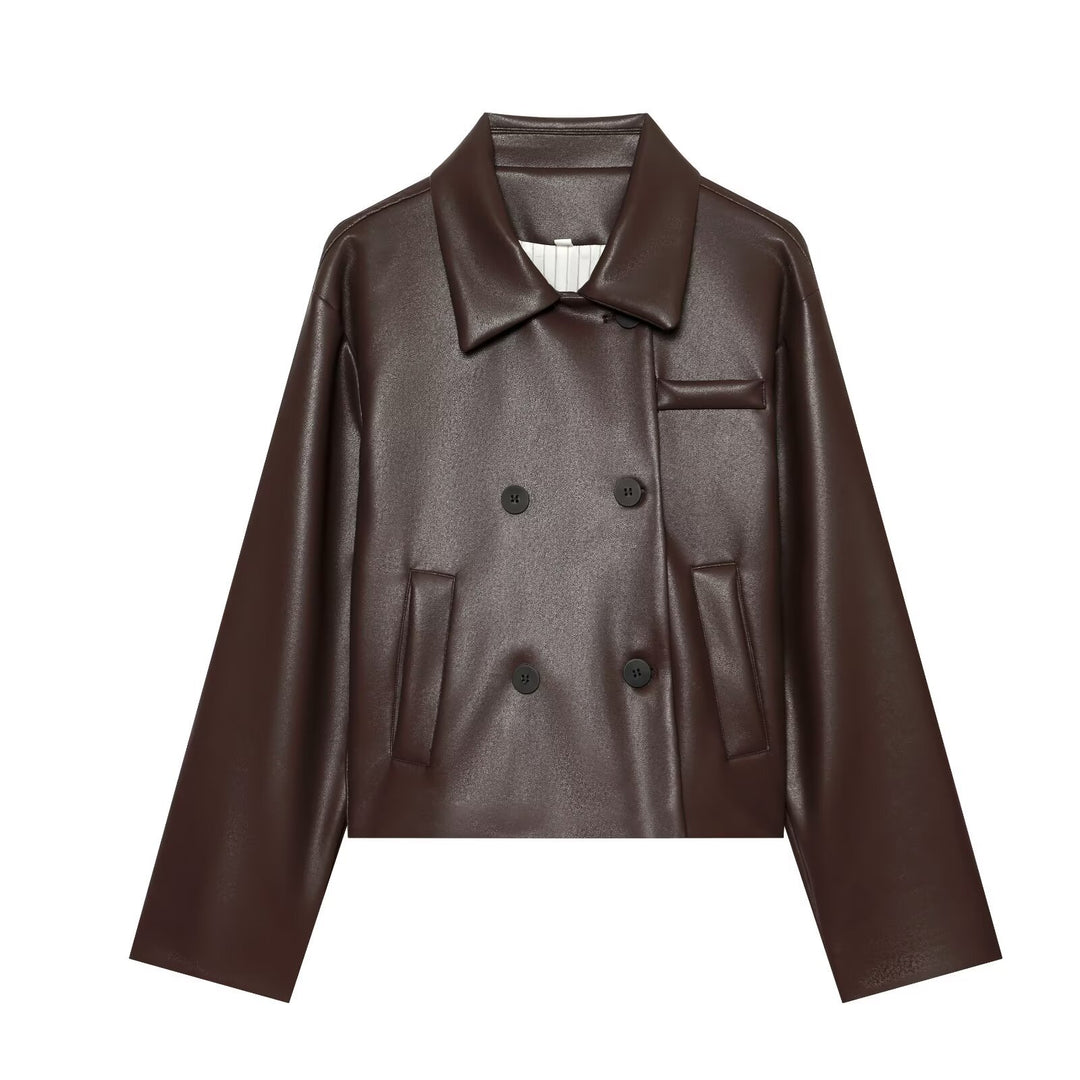 Damen Kurz geschnittene doppeltreihige Kunstlederjacke im Boxy‑Schnitt mit Hemdkragen Nord Taschen