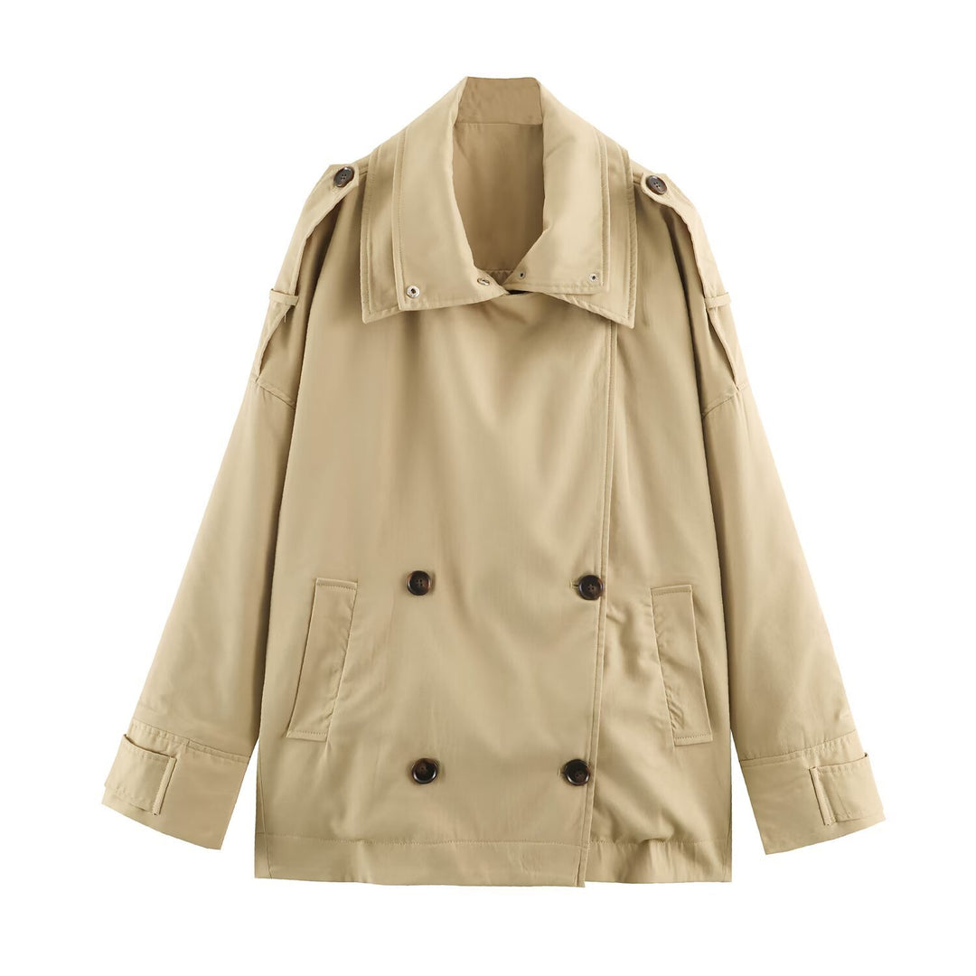Damen Kurztrenchjacke im Oversize-Schnitt mit doppelter Knopfreihe und Schulterriegeln Nord Taschen
