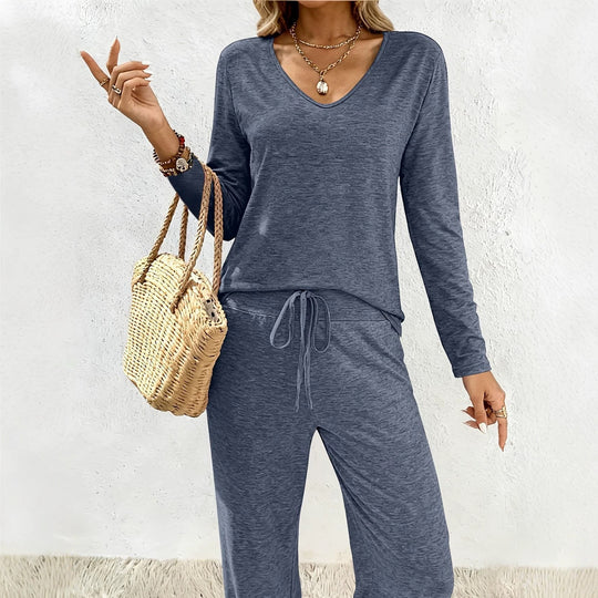 Damen Lounge-Set aus weichem Viskose-Modal-Mix mit V-Ausschnitt, Tunnelzughose und weitem Bein Nord Taschen