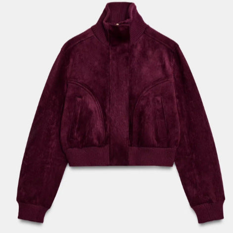 Damen Kurze Veloursleder-Bomberjacke mit hohem Rippenkragen, elastischem Saum und Eingrifftaschen Nord Taschen