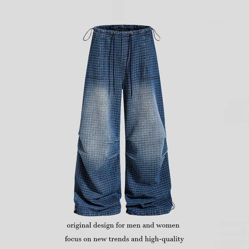 Damen Weite High‑Waist Culotte-Jeans mit Kordelzug, Karomuster und verstellbarem Saum Nord Taschen